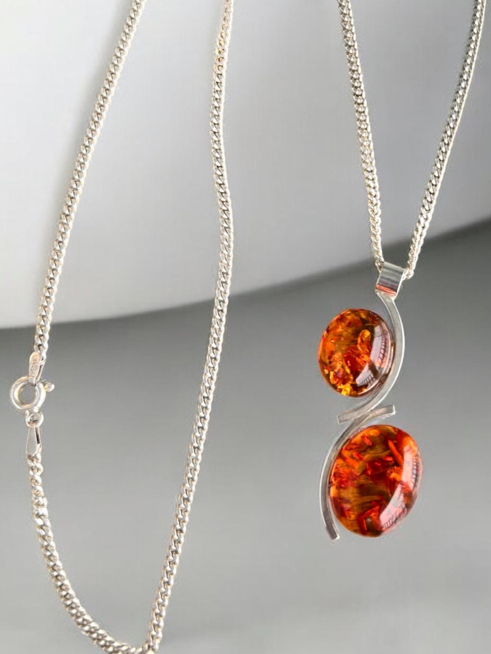 Vintage Poland Sterling Silver Baltic Amber Double Pendant Italy 925 Chain